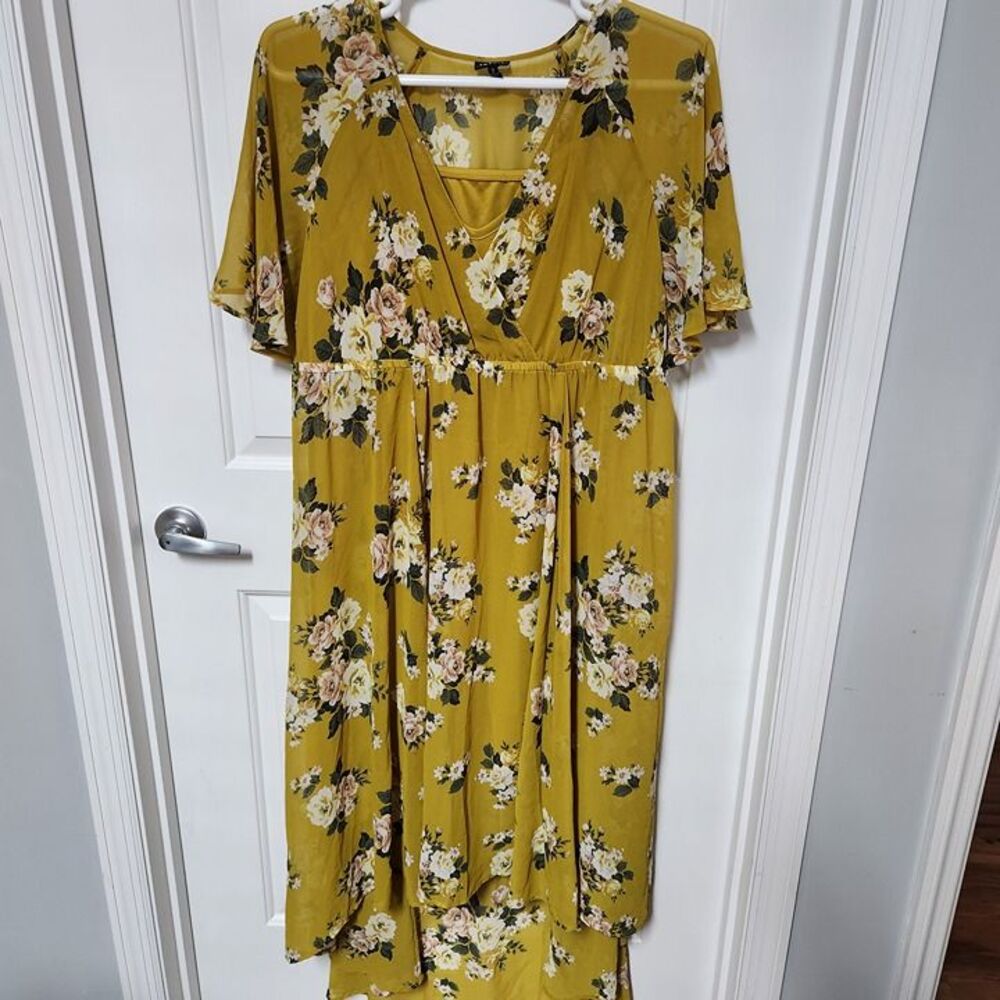 Torrid Size 2 Maxi Chiffon Dress Yellow Floral Print Hi-Lo Cami Slip Spring